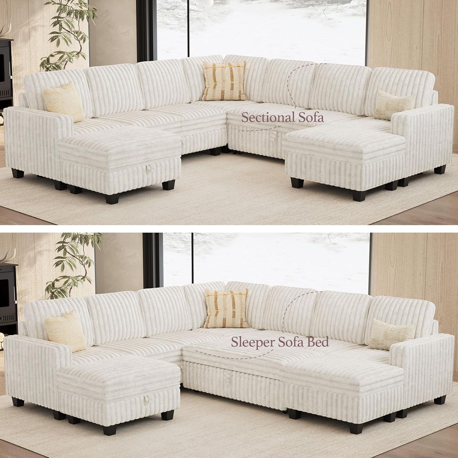 Belffin Oversized Sofa Bed Modular Sectional Sleeper Sofa with Pull Out Bed L Shaped Couch with Storage Chaise Beige Couch