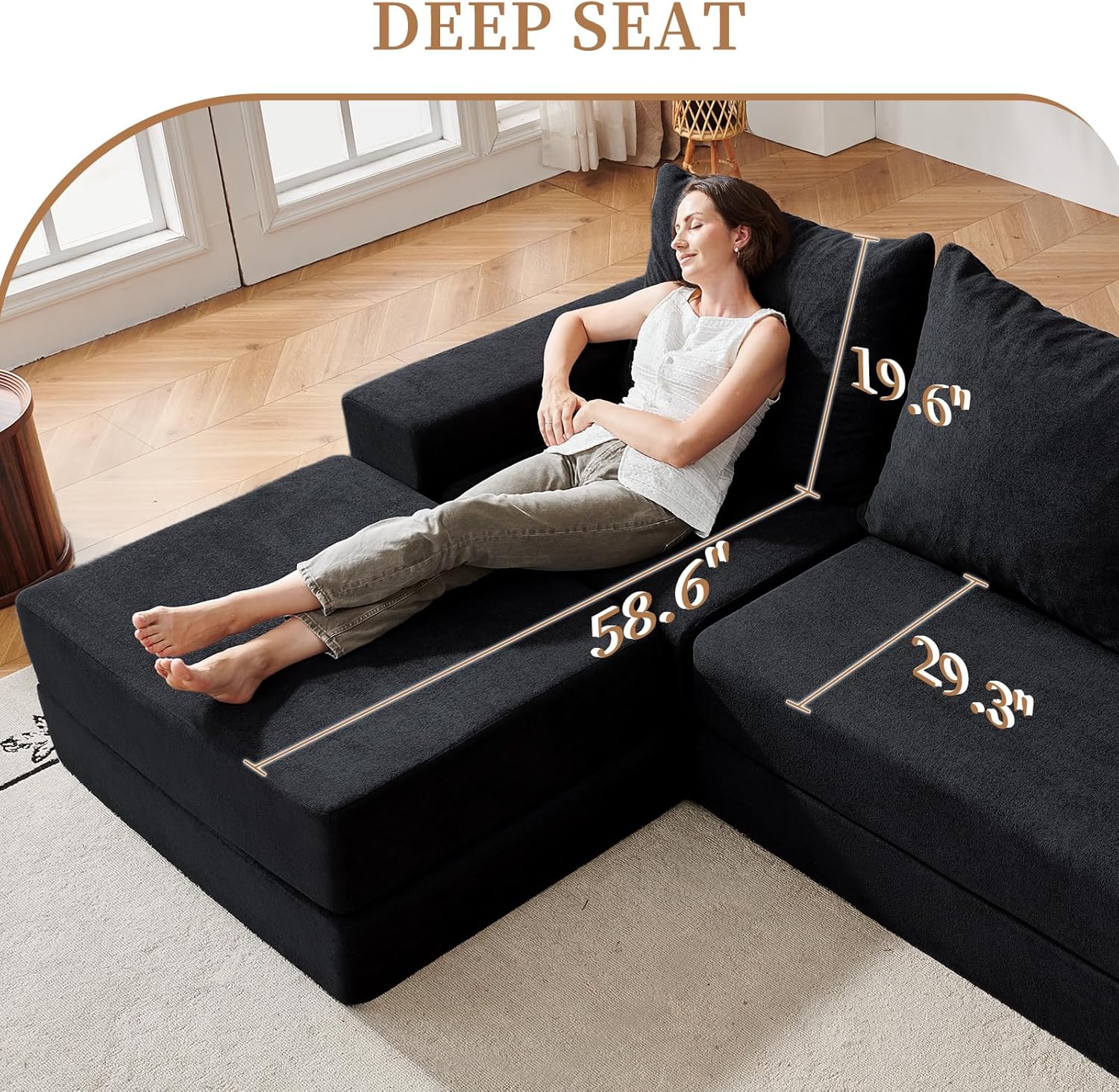 108'' Modular Sectional Couch, Modern 3-Seater Boneless Cloud Sleeper Sofa, L-Shaped Convertible Sectional with Non-Slip Bottom, No Assembly Required, Black