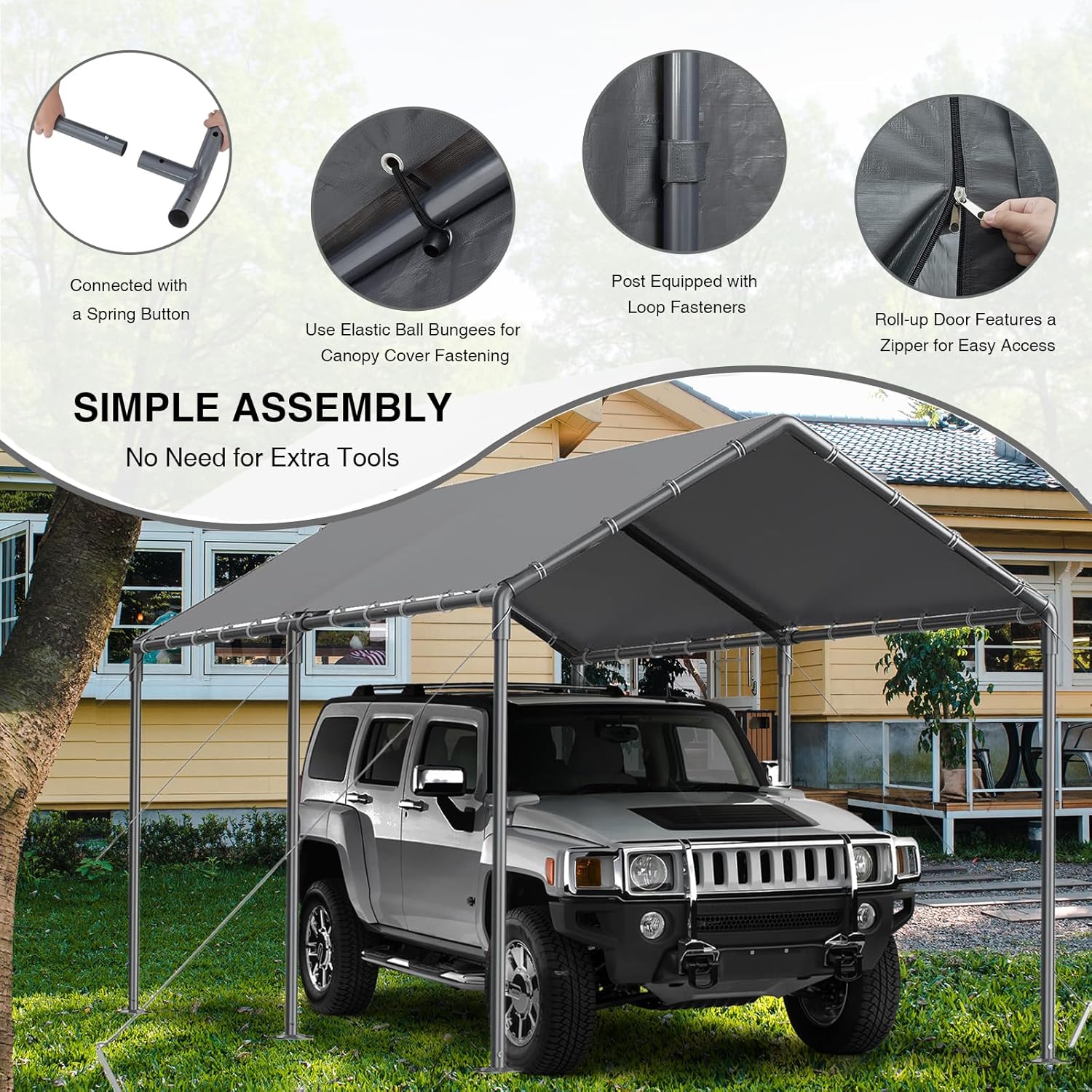 Outdoor Carport 10x20ft Heavy Duty Car Tent, Portable Garage Canopy Storage Shed, All-Season Tarp Tent for Car, Party (GY)