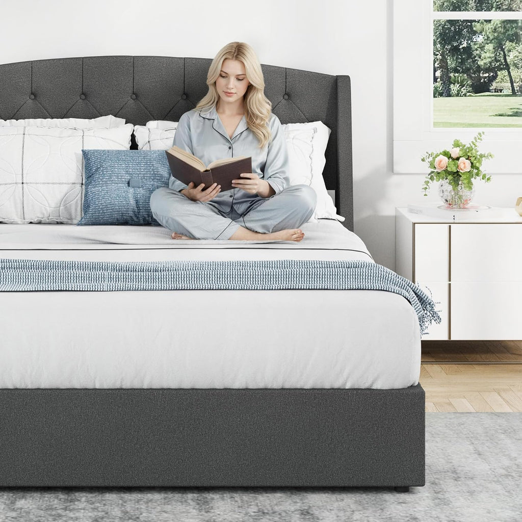 EGOHOME King Size Metal Bed Frame,Hydraulic Lift System and Modern Wingback Design,Heavy-Duty Steel Construction & 900lb Capacity,Effortless Assembly with Ratchet Wrench,No Box Spring Needed,Dark Grey