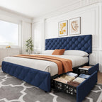 IDEALHOUSE King Size Bed Frame with 4 Storage Drawers and Adjustable Headboard, Linen Upholstered Platform Beds, Diamond Stitched Button Tufted, No Box Spring Needed, Blue