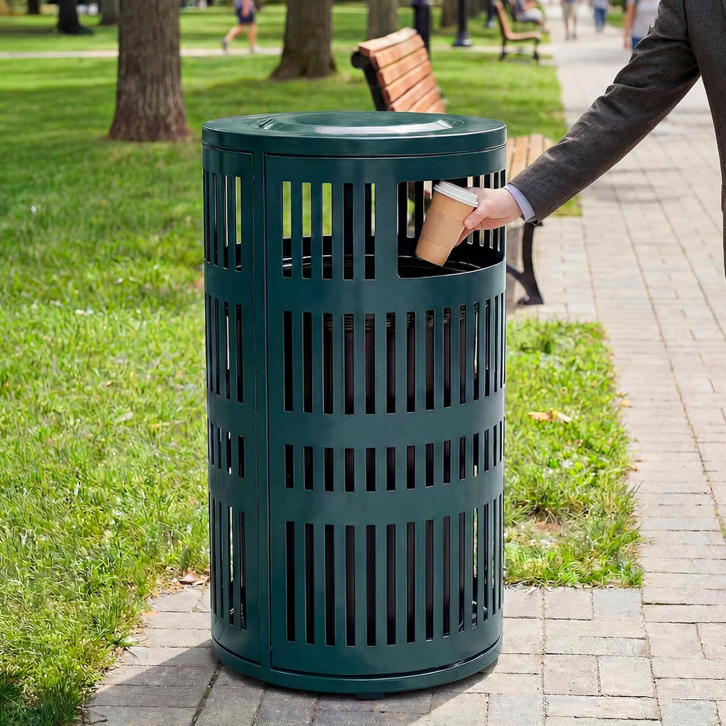 Alpine 40 Gallon Commercial Outdoor Trash Can with Lid, Weather Resistant, Locking Steel Waste Receptacle with Pull-Out Liner, Heavy Duty Galvanized Garbage Bin for Parks, Schools, City Streets- Green