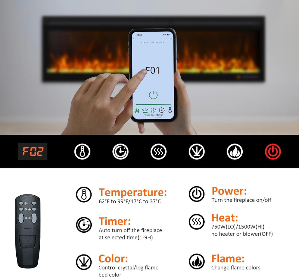 Linear Smart WiFi Electric Fireplace 72 Inch, APP & Touch Screen & Remote Control, 169 Realistic Flame Color Combinations, Timer & Thermostat Fireplace Heater,1500W