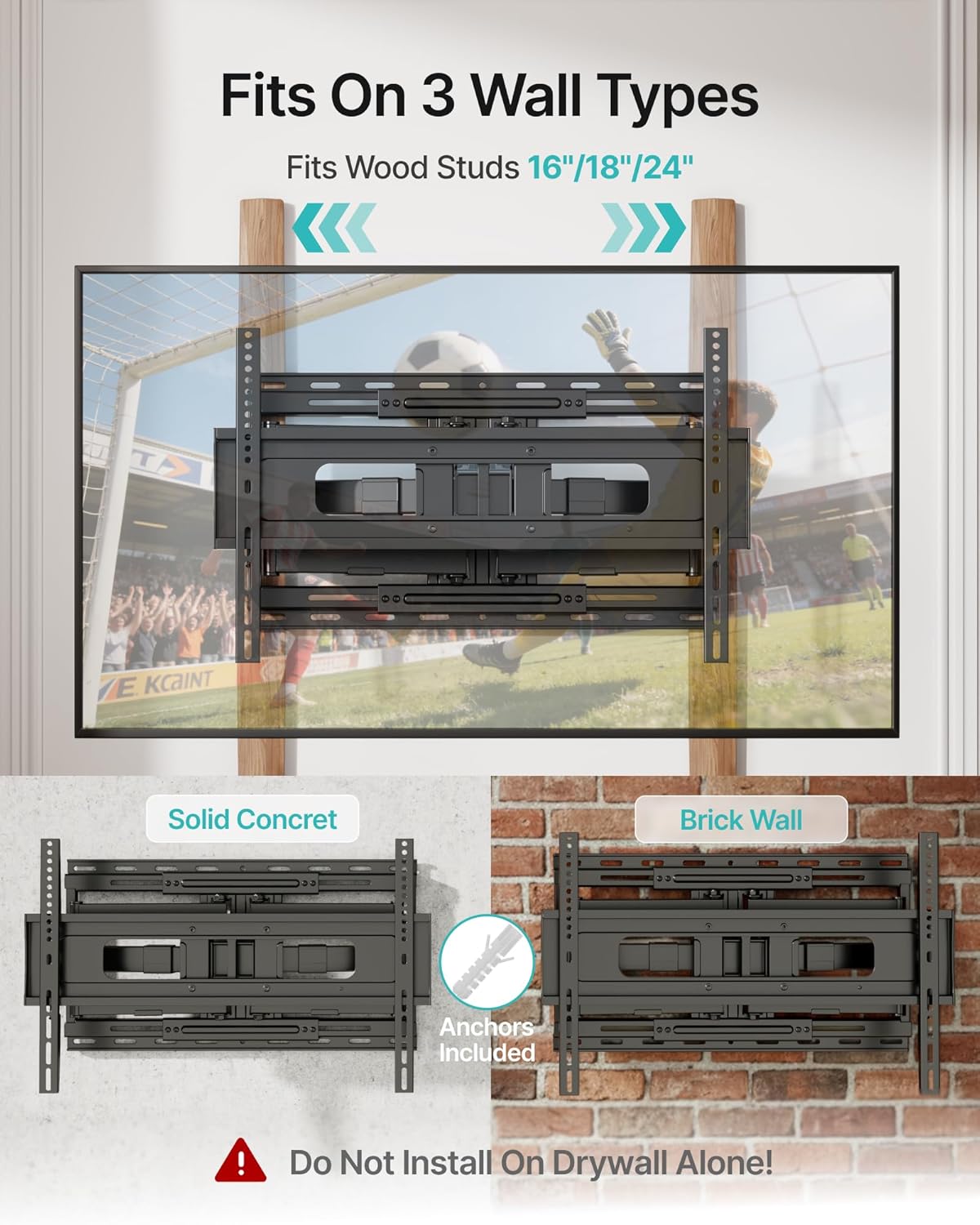 Pegzone Full Motion TV Wall Mount for 37-90 Inch TVs up to 176lbs, 25.4" Extension, Swivel Heavy Duty TV Bracket, Sliding Dual Arms for Off-Center Studs, Fits 16"/ 18" /24" Wood Studs, VESA 600x400