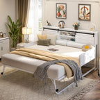Homieasy Twin Daybed with Pop Up Trundle, Farmhouse Twin Bed with Bookcase Headboard and Charging Station, Metal Sofa Bed Frame with Barn Door Storage for Living Room, Bedroom, Guest Room, White