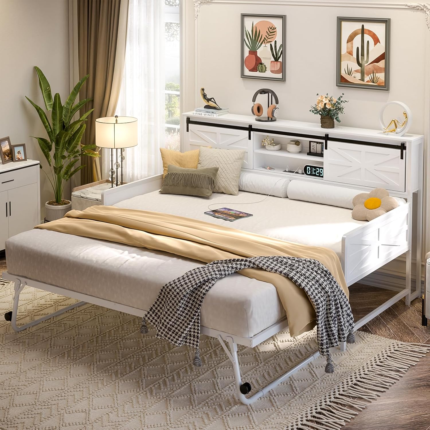 Homieasy Twin Daybed with Pop Up Trundle, Farmhouse Twin Bed with Bookcase Headboard and Charging Station, Metal Sofa Bed Frame with Barn Door Storage for Living Room, Bedroom, Guest Room, White