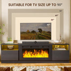 MXV 80" Fireplace TV Stand for TVs Up to 90", LED Light Entertainment Center with 36" Electric Fireplace, Modern Wood Texture TV Media Console with Highlight Storage Cabinet, Black+Black