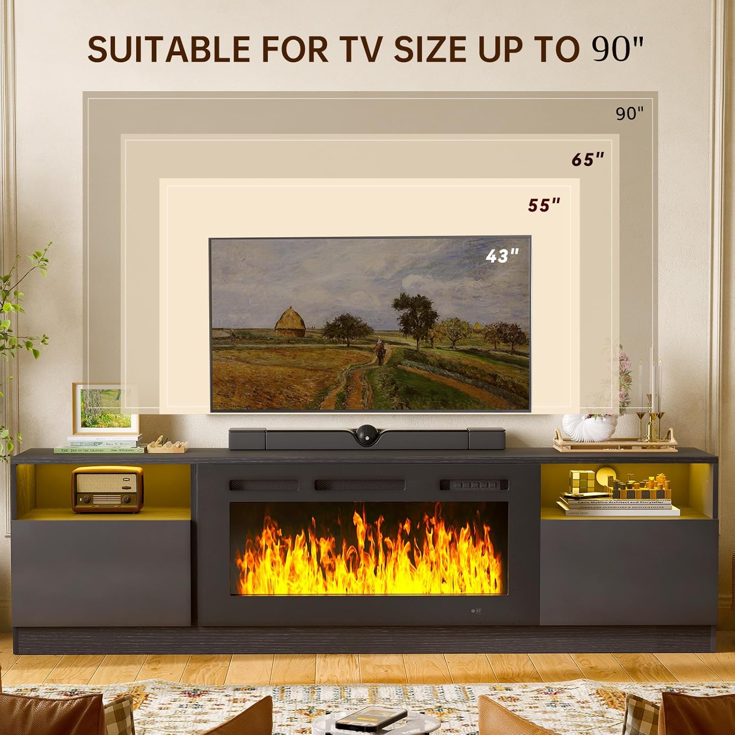 MXV 80" Fireplace TV Stand for TVs Up to 90", LED Light Entertainment Center with 36" Electric Fireplace, Modern Wood Texture TV Media Console with Highlight Storage Cabinet, Black+Black