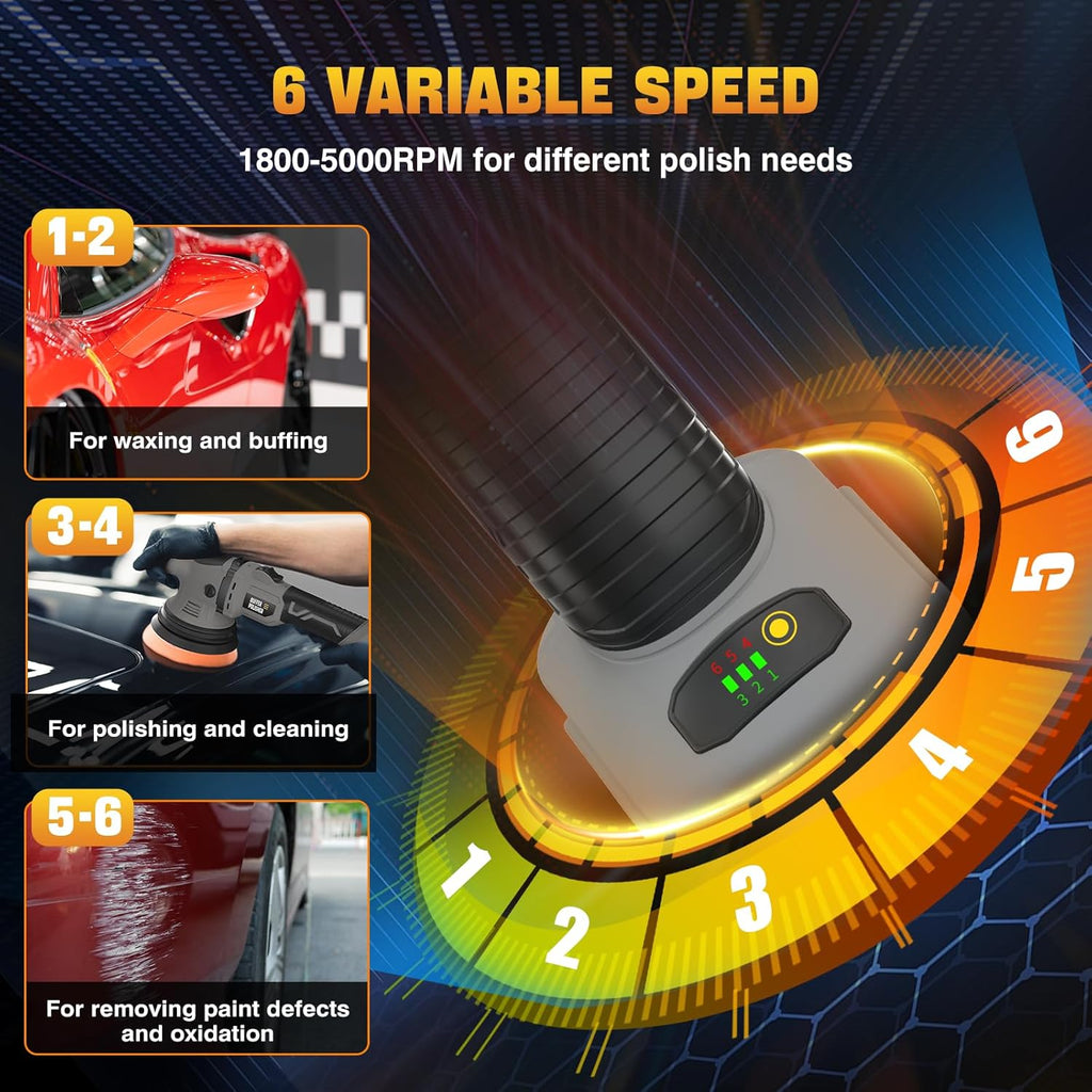 VERVEWAVE Cordless Buffer Polisher Kit for Dewalt 20V Battery (No Battery), 6-Inch Orbital Car Polisher Variable Speed 1800—5500 RPM, 17PCS Polishing Accessories, for Car Polishing/Waxing (Tool Only)