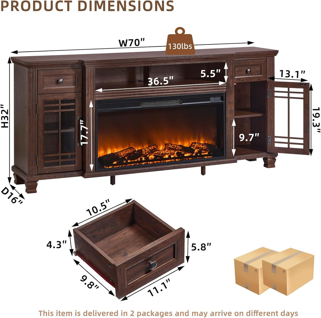70" Fireplace TV Stand with 36”Silent Electric Fireplace, Farmhouse Entertainment Center for TVs up to 80", 2 Drawers TV Console with Glass Door Cabinet, Walnut TVs Cabinet for Living Room