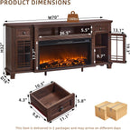 70" Fireplace TV Stand with 36”Silent Electric Fireplace, Farmhouse Entertainment Center for TVs up to 80", 2 Drawers TV Console with Glass Door Cabinet, Walnut TVs Cabinet for Living Room