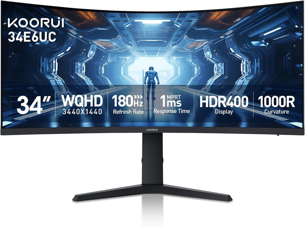 KOORUI 34-inch Curved Ultrawide WQHD 3440×1440 Gaming Monitor  180Hz 1000R- PIP/PBP  1ms(MPRT)  HDR400  DCI-P3 95%  FreeSync Premium  1 x DP 1.4 & 2 x HDMI 2.0  Tilt Height Swivel Adjustment  34E6UC