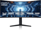 KOORUI 34-inch Curved Ultrawide WQHD 3440×1440 Gaming Monitor  180Hz 1000R- PIP/PBP  1ms(MPRT)  HDR400  DCI-P3 95%  FreeSync Premium  1 x DP 1.4 & 2 x HDMI 2.0  Tilt Height Swivel Adjustment  34E6UC