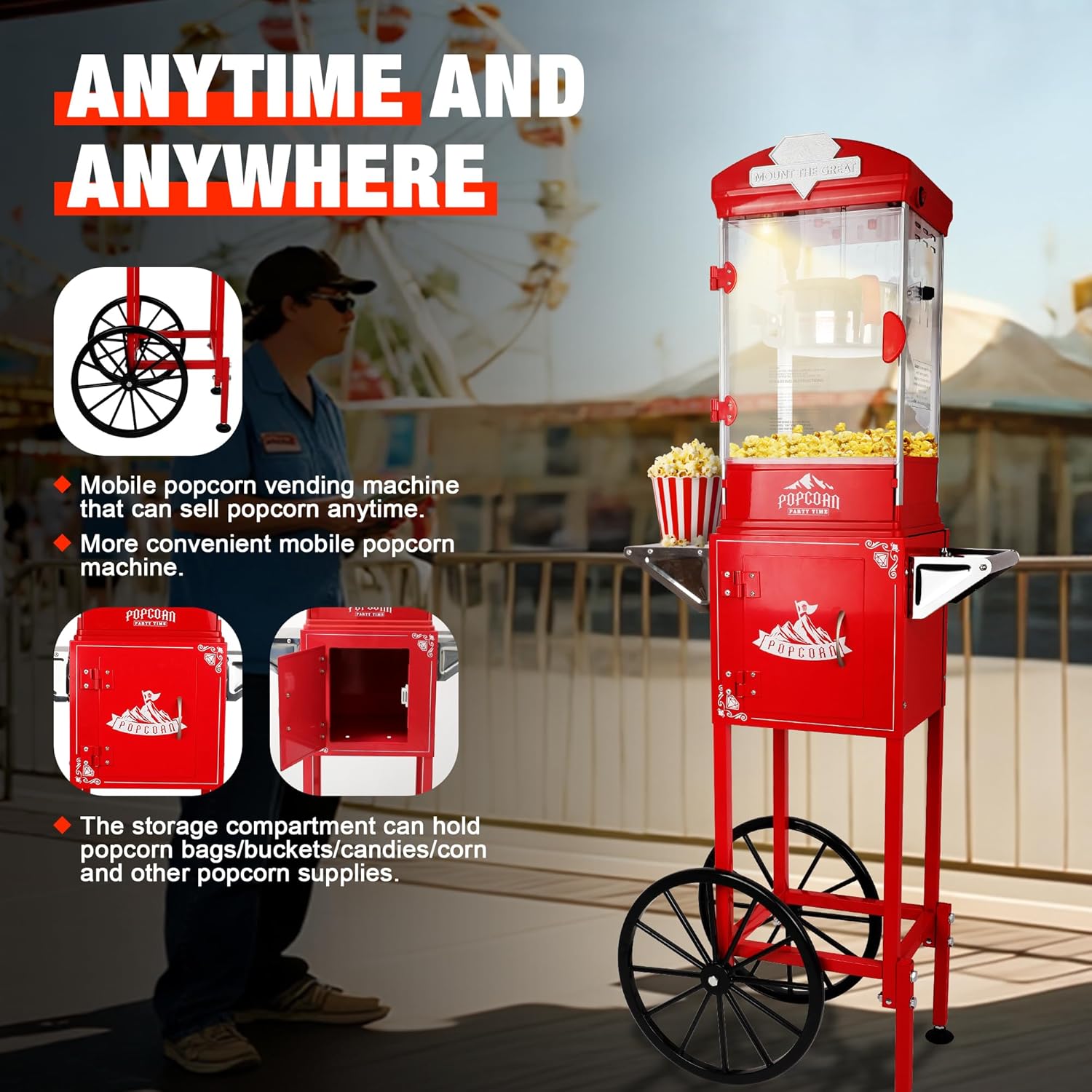 Vintage Popcorn Machine with Cart & Wheels, 10 Oz Stainless Steel Kettle Popcorn Maker, Movie Theater Style Popcorn Popper Makes Up to 40 Cups, Includes Measuring Spoons, Home Theater & Commercial Use