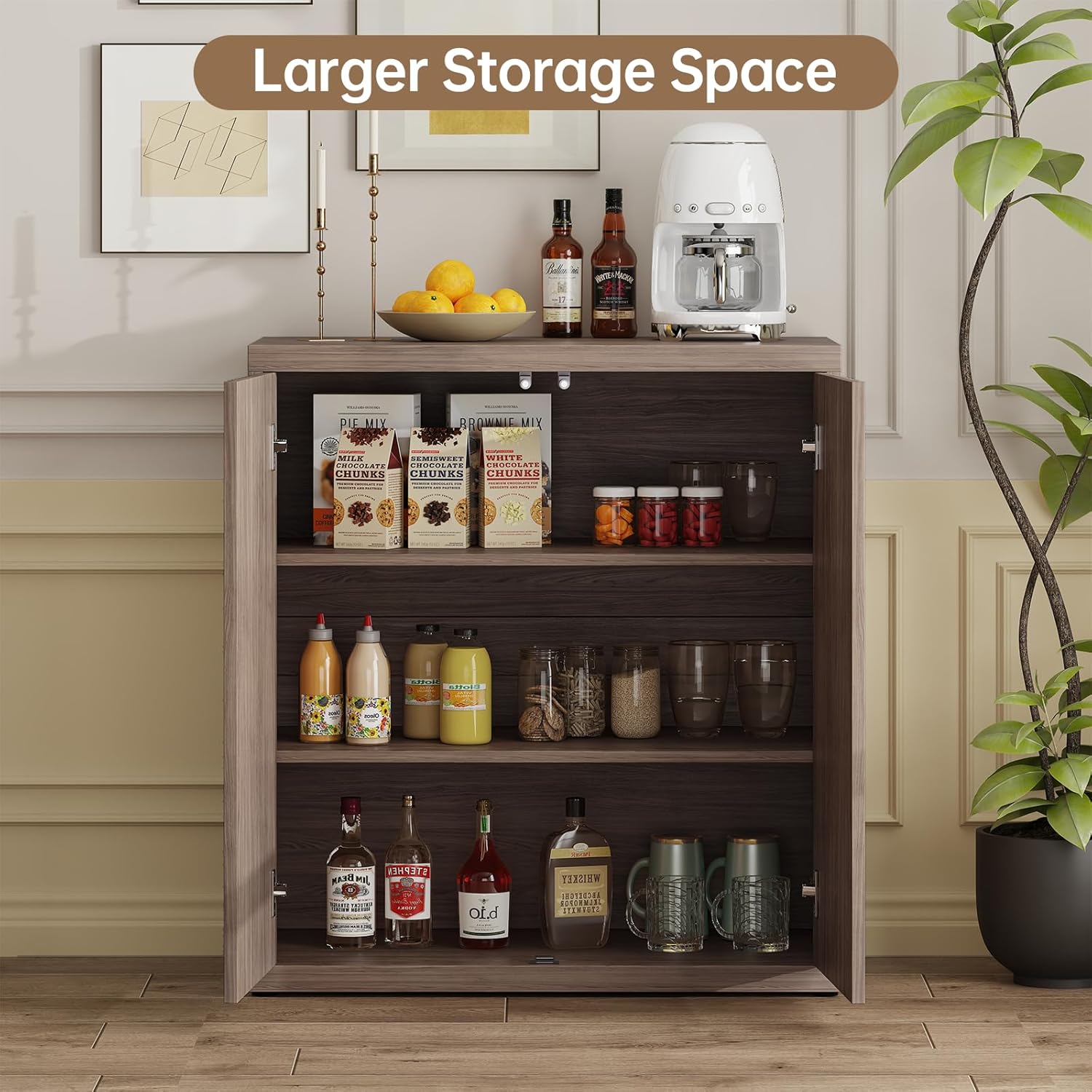 Sideboard Buffet Cabinet, Fluted Sideboard with Adjustable Shelves, Modern Credenza Storage Cabinet with Pop-up Doors, Wood Buffet Cabinets with Storage for Kitchen Entryway Living Room