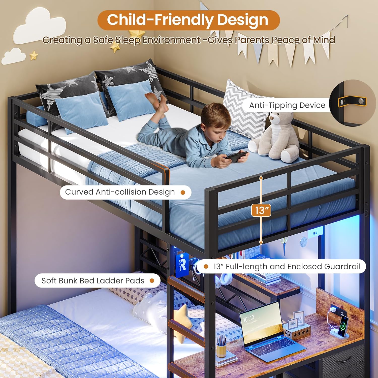 DICTAC Twin Over Full Bunk Bed with Desk,Led Lights and 4 Drawers,Metal Bunk Beds with Storage Headboard and Charging Station,L-Shaped bunk Bed for Kids/Teen with Safety Guardrail and Ladder,Black