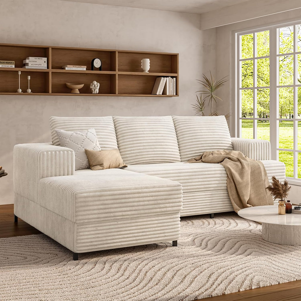 106" Cloud Modular Sectional Sofa with Chaise Lounge, No Assembly L Shaped Couch with Iron Frame, Modern Fluffy Corduroy Couches for Living Room, Bedroom, Office, Left Facing Chaise, White