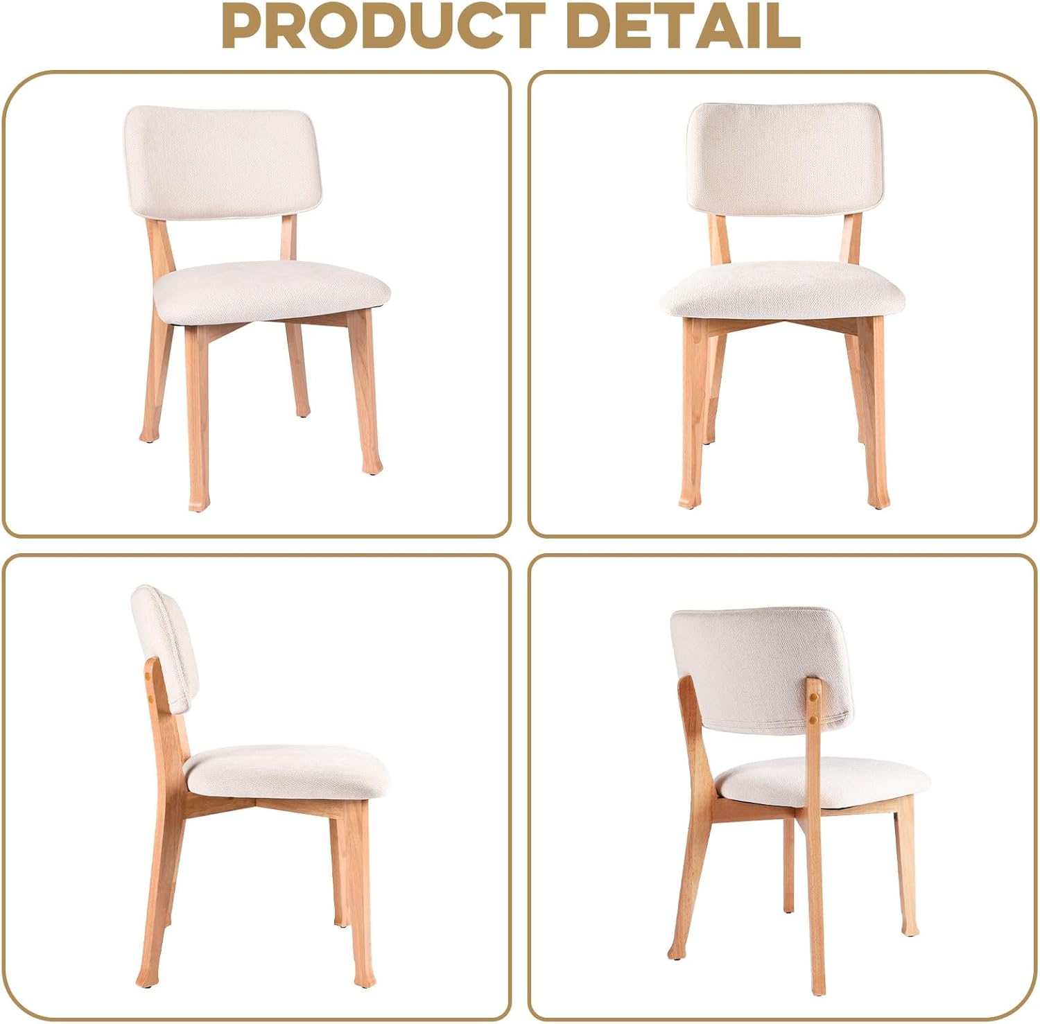 Wooden Dining Chairs Set of 4, Mid Century Modern Kitchen Chairs with Fabric Upholstered and Curved Backrest for Dining Room, Restaurant/Cafe, 300LBS Capacity, Natural