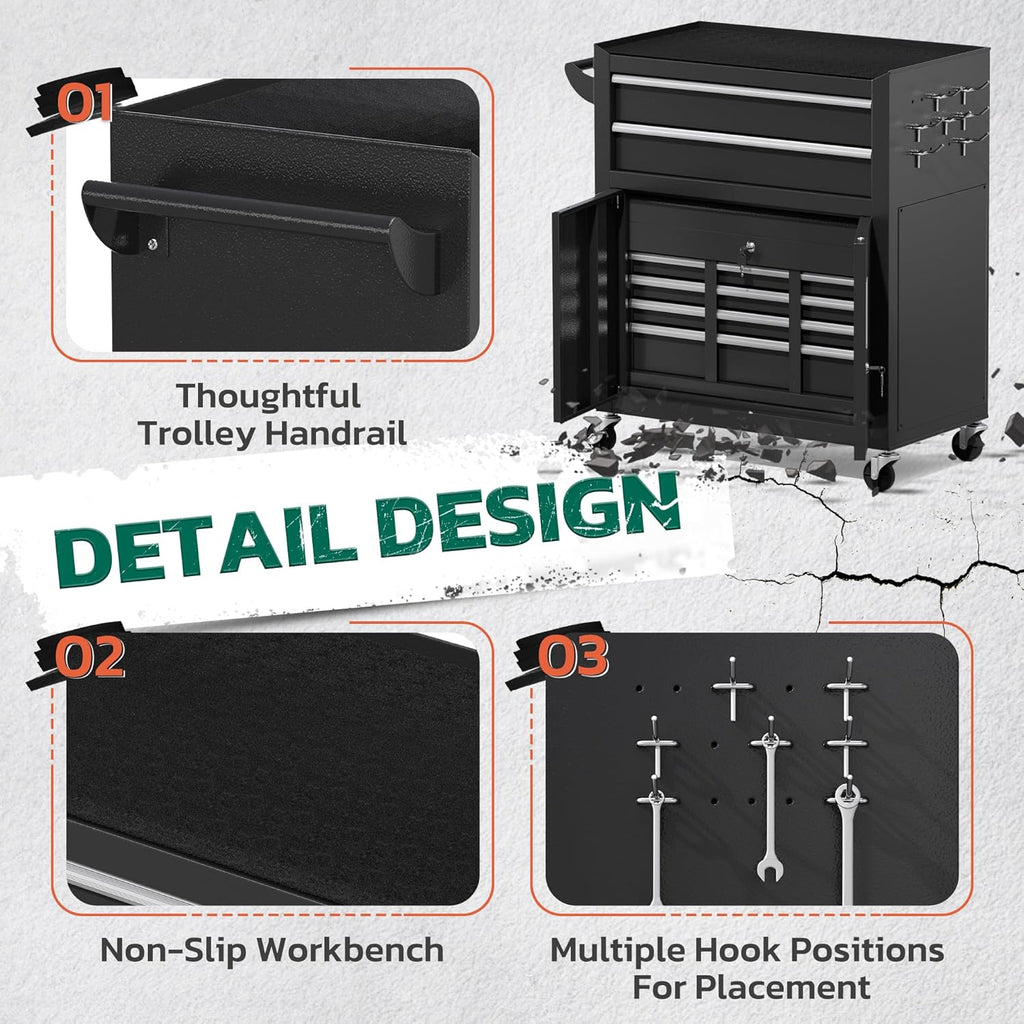 Greenvelly Metal Tool Chest,8-Drawer Rolling Tool Cart with Wheels,2 in 1 Detachable Tool Cabinets,Tool Box,Liners and Locking System for Garage,Warehouse,Workshop, Barbershop(Black)