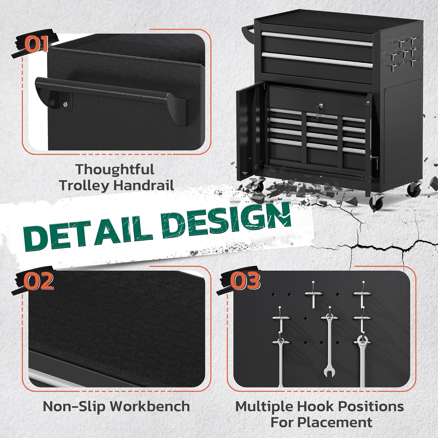 Greenvelly Metal Tool Chest,8-Drawer Rolling Tool Cart with Wheels,2 in 1 Detachable Tool Cabinets,Tool Box,Liners and Locking System for Garage,Warehouse,Workshop, Barbershop(Black)