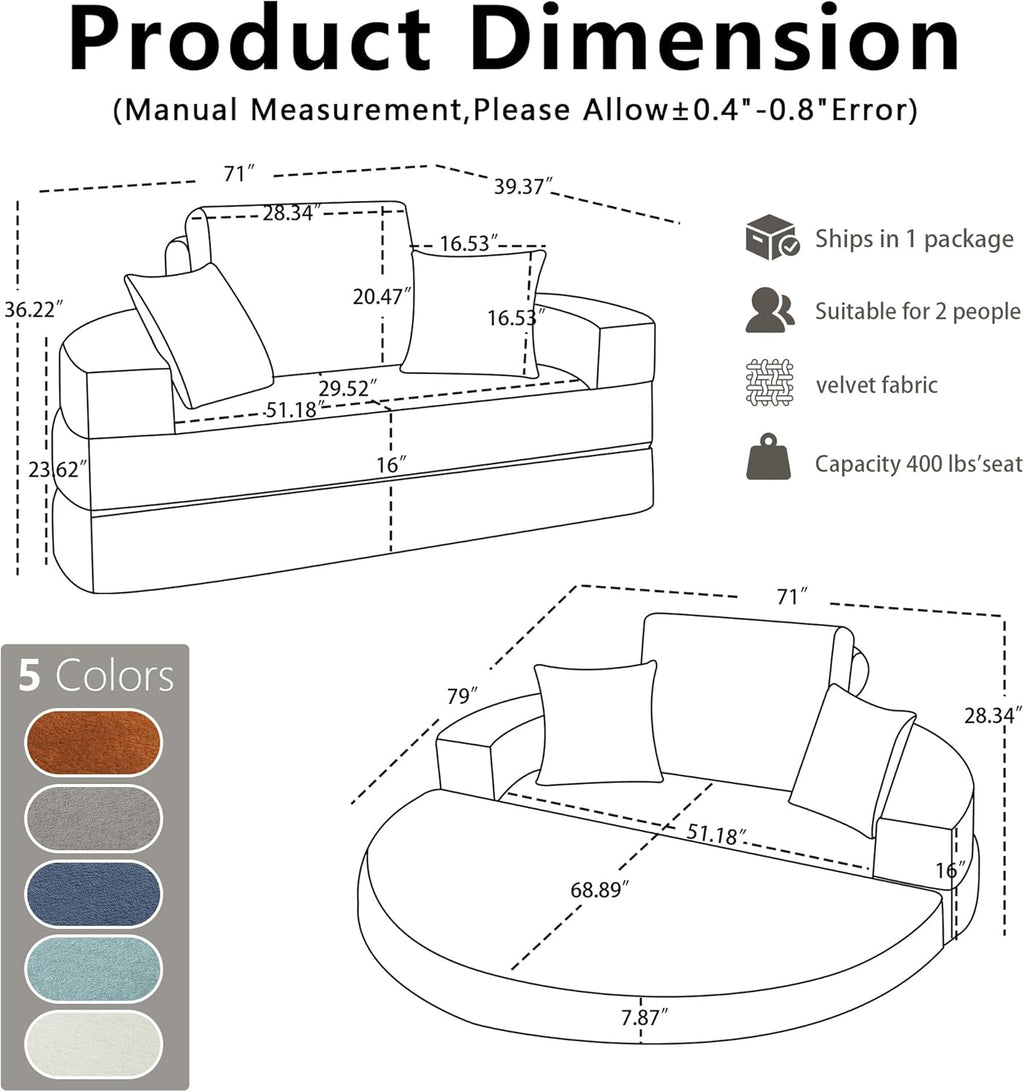 71" Boneless Couch Sofa Bed Oversized Round Couch 2-in-1 Foldable Floor Loveseat Sofa for Living Room and Apartment No Assembly(Gray, 71")