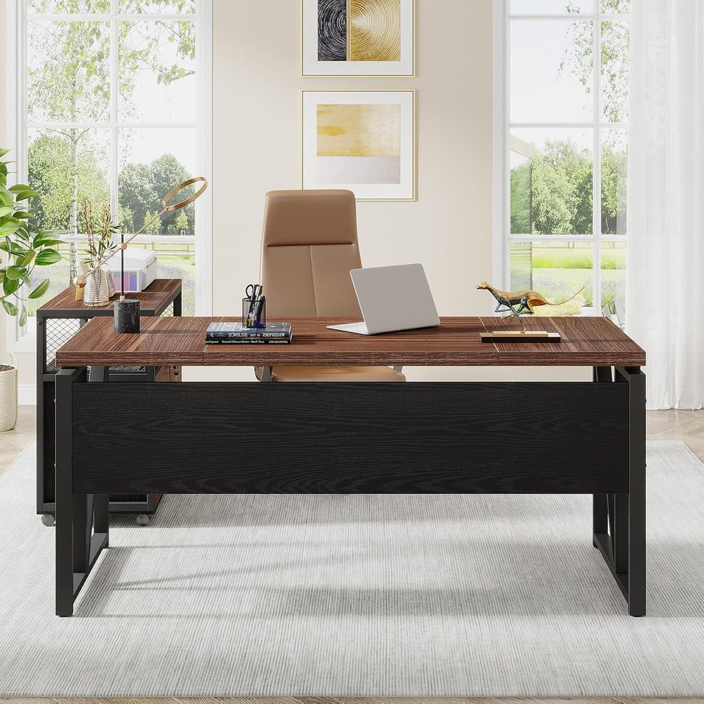 Tribesigns 63" Executive Deskwith Drawer Cabinet, L Shaped Desk and lateral File Cabinet, 2 Piece Home Office Furniture Set with Drawers for Hanging, Doors with Locks (Dark Brown, 63 inches)