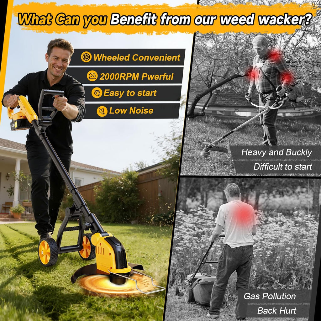 20000 RPM Brushless Electric Weed Wacker Cordless, 12'' Wheeled Weed Eater Battery Powered Brush Cutter, 4-in-1 Grass Trimmer Stringless Weed Trimmer Lawn Mower Edger W/Wheel Metal Blade Battery