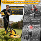 20000 RPM Brushless Electric Weed Wacker Cordless, 12'' Wheeled Weed Eater Battery Powered Brush Cutter, 4-in-1 Grass Trimmer Stringless Weed Trimmer Lawn Mower Edger W/Wheel Metal Blade Battery