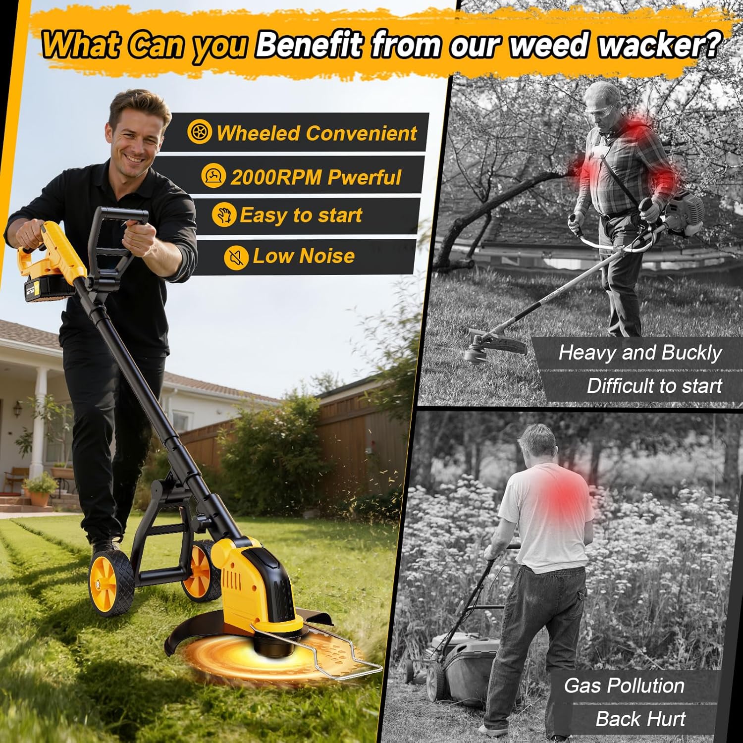 20000 RPM Brushless Electric Weed Wacker Cordless, 12'' Wheeled Weed Eater Battery Powered Brush Cutter, 4-in-1 Grass Trimmer Stringless Weed Trimmer Lawn Mower Edger W/Wheel Metal Blade Battery