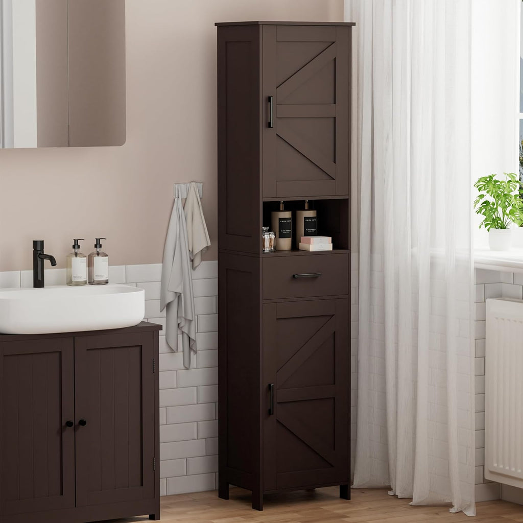 Homhedy 67" H Tall Bathroom Storage Cabinet with 2 Barn Doors and 1 Drawer, Narrow Storage Unit, Adjustable Shelves, Floor Cabinet for Bathroom, Living Room, Entryway, Kitchen, Brown, (15.7" W)