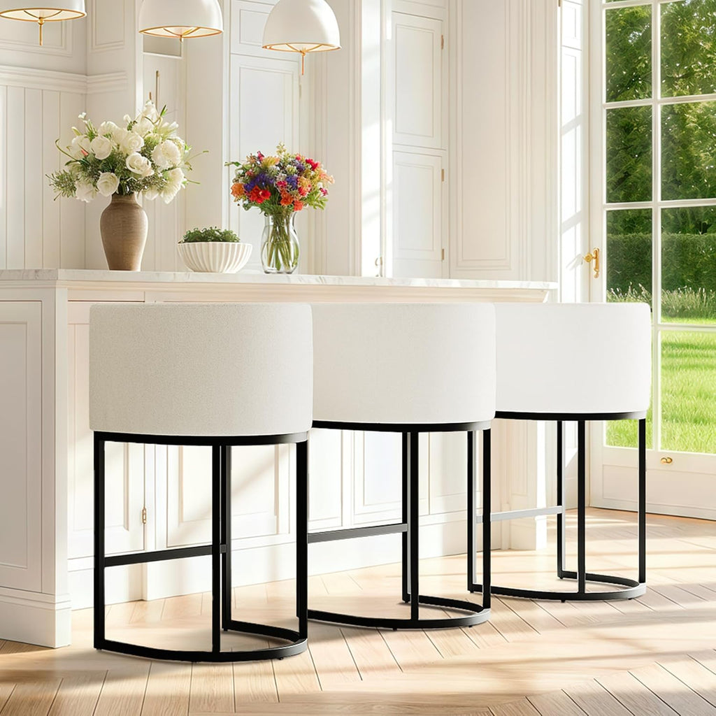 Modern Counter Height Bar Stools,Bar Stools Set of 3,Fabric Upholstered Barrel Barstools with Backs,26'' Kitchen Island Chairs,Metal Black Frames,Snowy White Linen