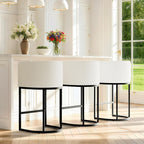 Modern Counter Height Bar Stools,Bar Stools Set of 3,Fabric Upholstered Barrel Barstools with Backs,26'' Kitchen Island Chairs,Metal Black Frames,Snowy White Linen