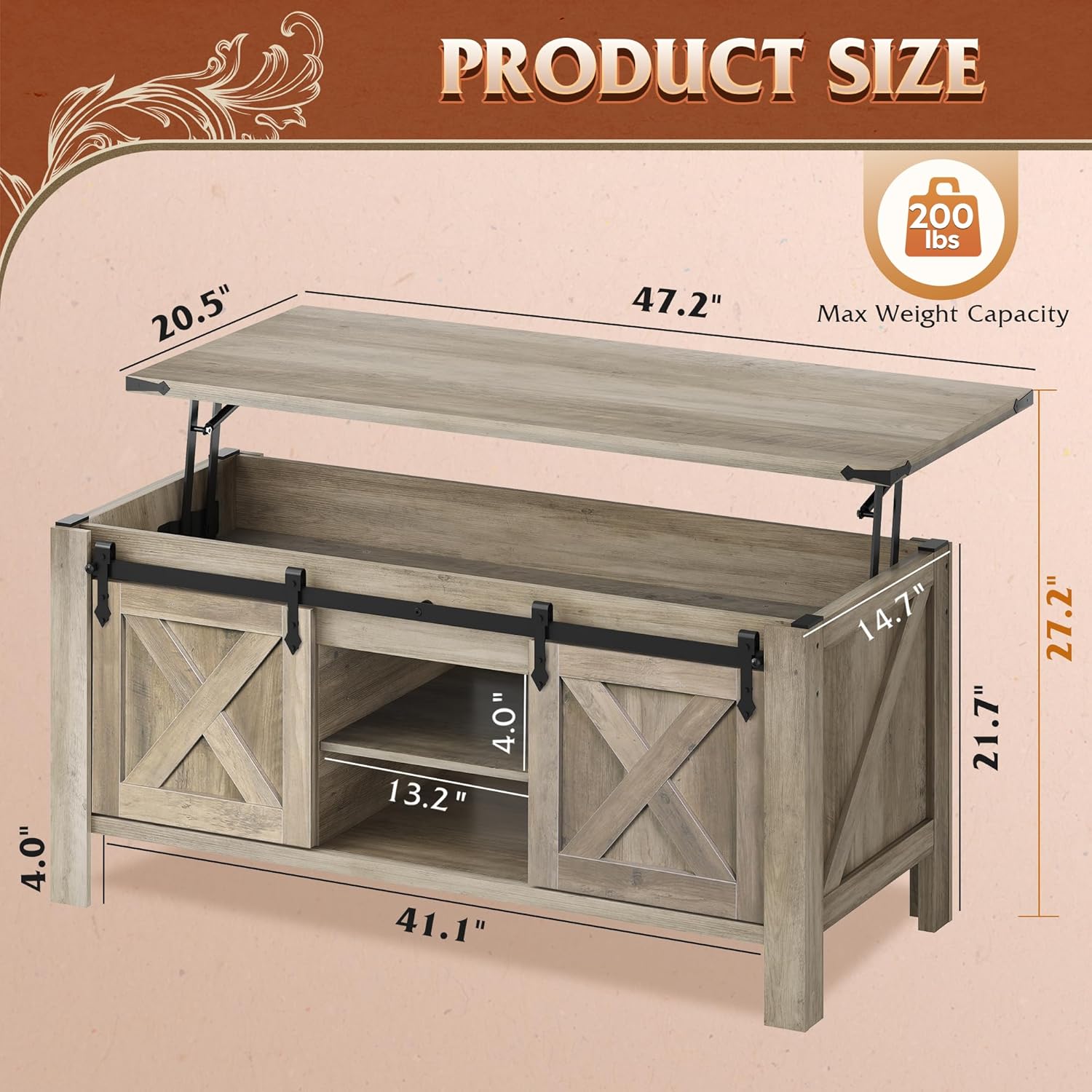 WLIVE 47.3" Farmhouse Lift Top Coffee Table with Sliding Barn Doors, Large Hidden Storage Compartment and Adjustable Shelf for Living Room,Office, Greige