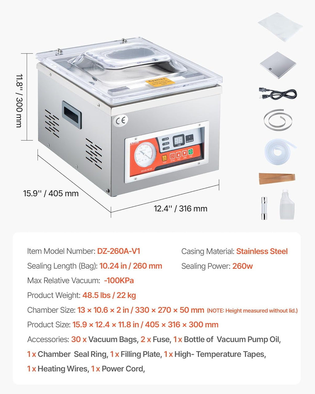 VEVOR Chamber Vacuum Sealer, 260W Sealing Power, Vacuum Packing Machine for Wet Foods, Meats, Marinades and More, Compact Size with 10.2 in Sealing Length, Applied in Home Kitchen and Commercial Use