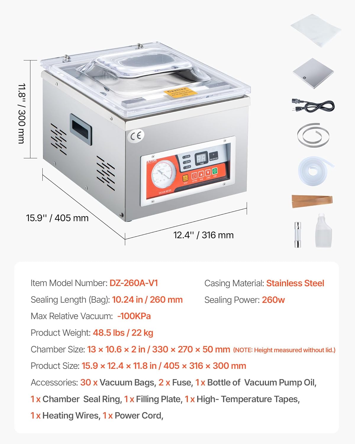 VEVOR Chamber Vacuum Sealer, 260W Sealing Power, Vacuum Packing Machine for Wet Foods, Meats, Marinades and More, Compact Size with 10.2 in Sealing Length, Applied in Home Kitchen and Commercial Use