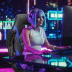 Sweetcrispy Computer Video Game Chair - Ergonomic Home Office with Comfy Lumbar Support, PU Leather Height Adjustable with Flip-up Armrest and 360° Swivel Wheels, Blue, for Adults, Teens