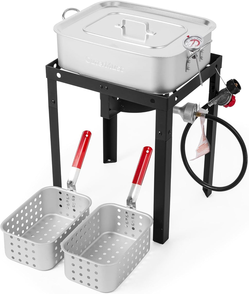 OuterMust 58,000 BTU Outdoor Fish Fryer with Baskets and Lid, 18 Qt. Propane Deep Fryer and 2 Inner Baskets, Ideal for Frying Fish, Chicken Wings, French Fries