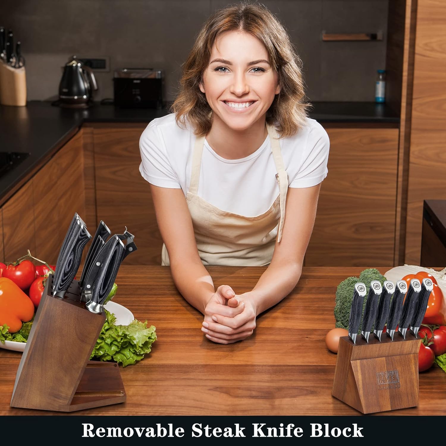 SHAN ZU Knife Sets for Kitchen with Block, Knife Block Set, Japanese Super Steel Kitchen Knife Sets with Removable Block & K133 Ergonomic Handle, Black Tortoise Genbu Series