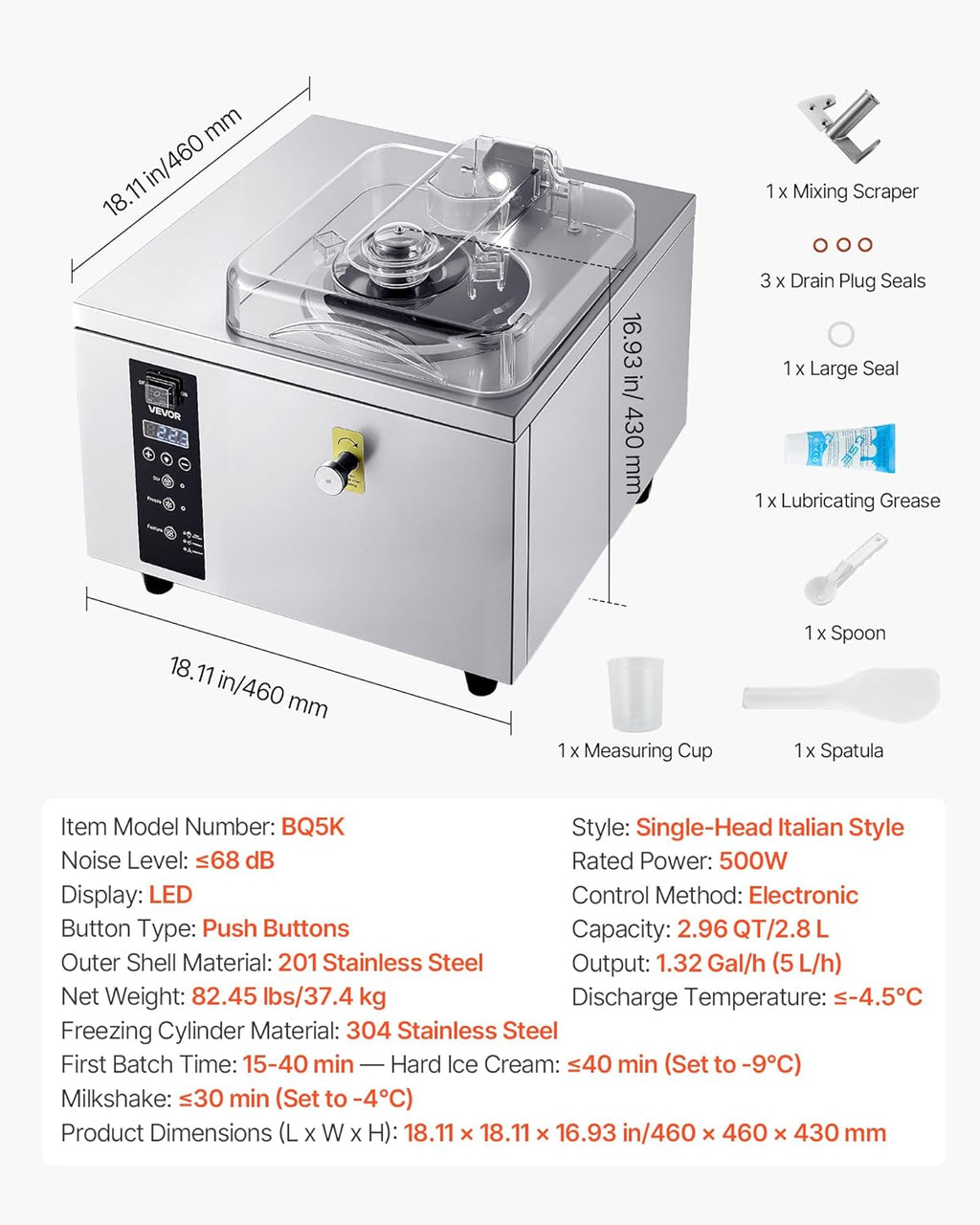 VEVOR Commercial Hard Ice Cream Machine, 500W 1.32 Gal/Hour, Gelato Hard Serve Ice Cream Maker with 2.8L 304 Stainless Steel Cylinder, Auto Clean LED Panel High Productivity for Snack Bar Restaurants