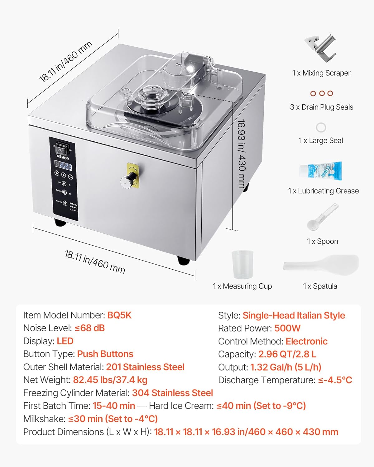 VEVOR Commercial Hard Ice Cream Machine, 500W 1.32 Gal/Hour, Gelato Hard Serve Ice Cream Maker with 2.8L 304 Stainless Steel Cylinder, Auto Clean LED Panel High Productivity for Snack Bar Restaurants