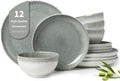 Pokini Gradient Green Stoneware Dinnerware Sets, 12 pcs Reactive Glaze Plates and Bowls Sets, Handmade Ceramic Round Dishes Set for 4, Highly Chip and Crack Resistant Modern Plate Set