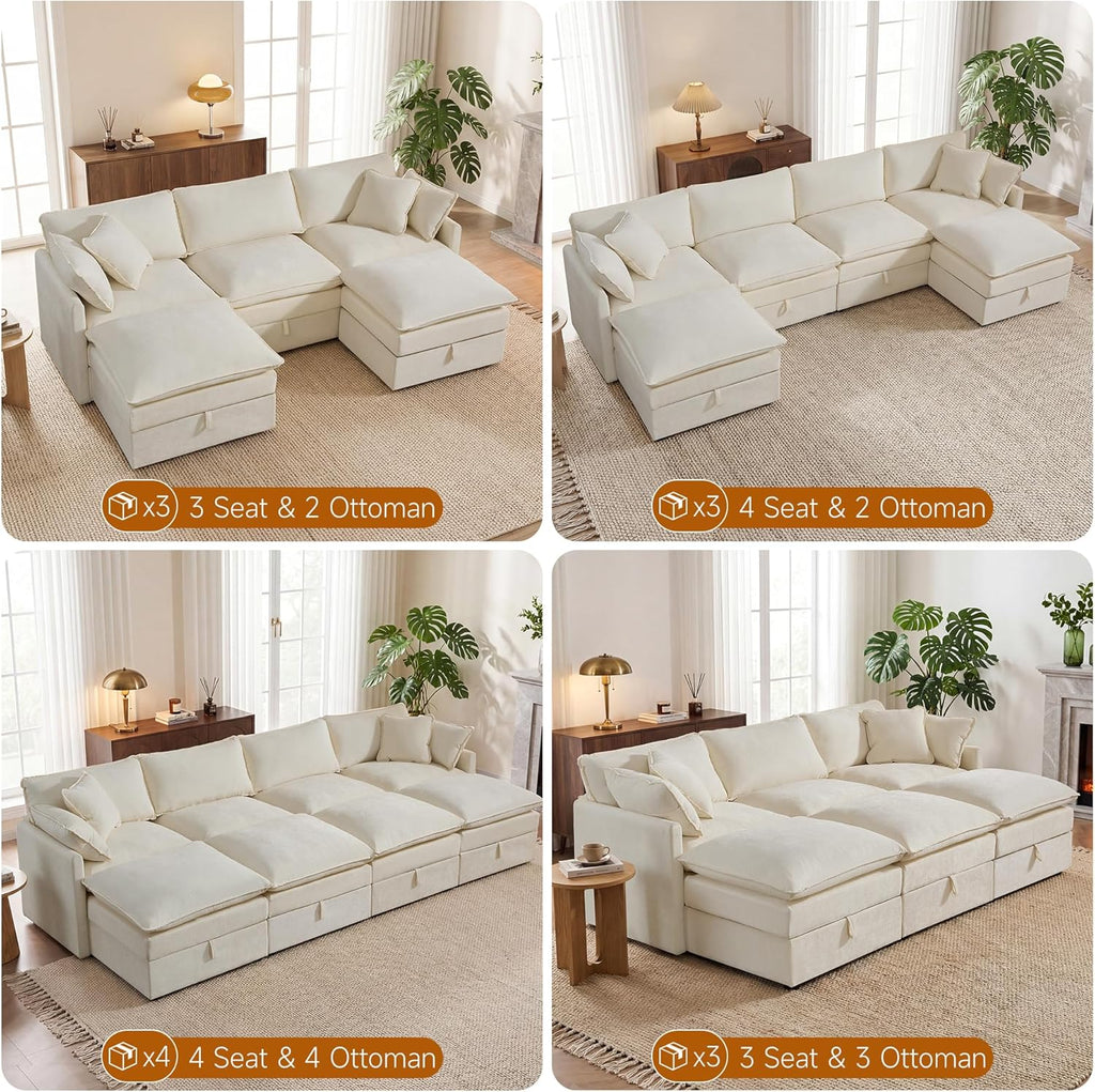 Modular Sofa with Storage, 103" L Shape Sectional Cloud Couch, Comfy Fabric Couch with Movable Ottoman, 4 Seat Modern Deep Seat Sofa for Living Room (Beige Chenille)