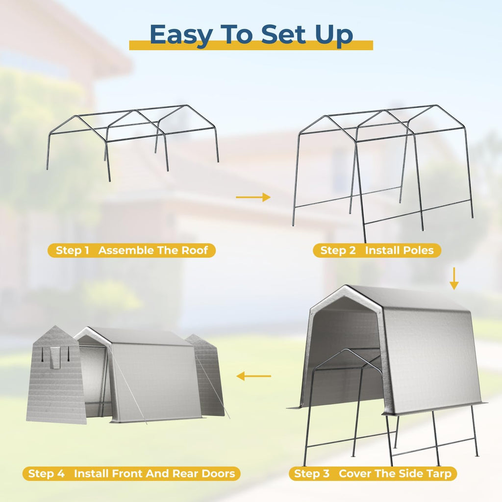 LINKHOO 7 x 10 FT Carport, Portable Shed w/220G Heavy Duty Waterproof PE Tarp, Roll-up Zipper Door & Vent, Weather-Resistant Storage Shed for Motorcycle, Bike and Tools, Gray