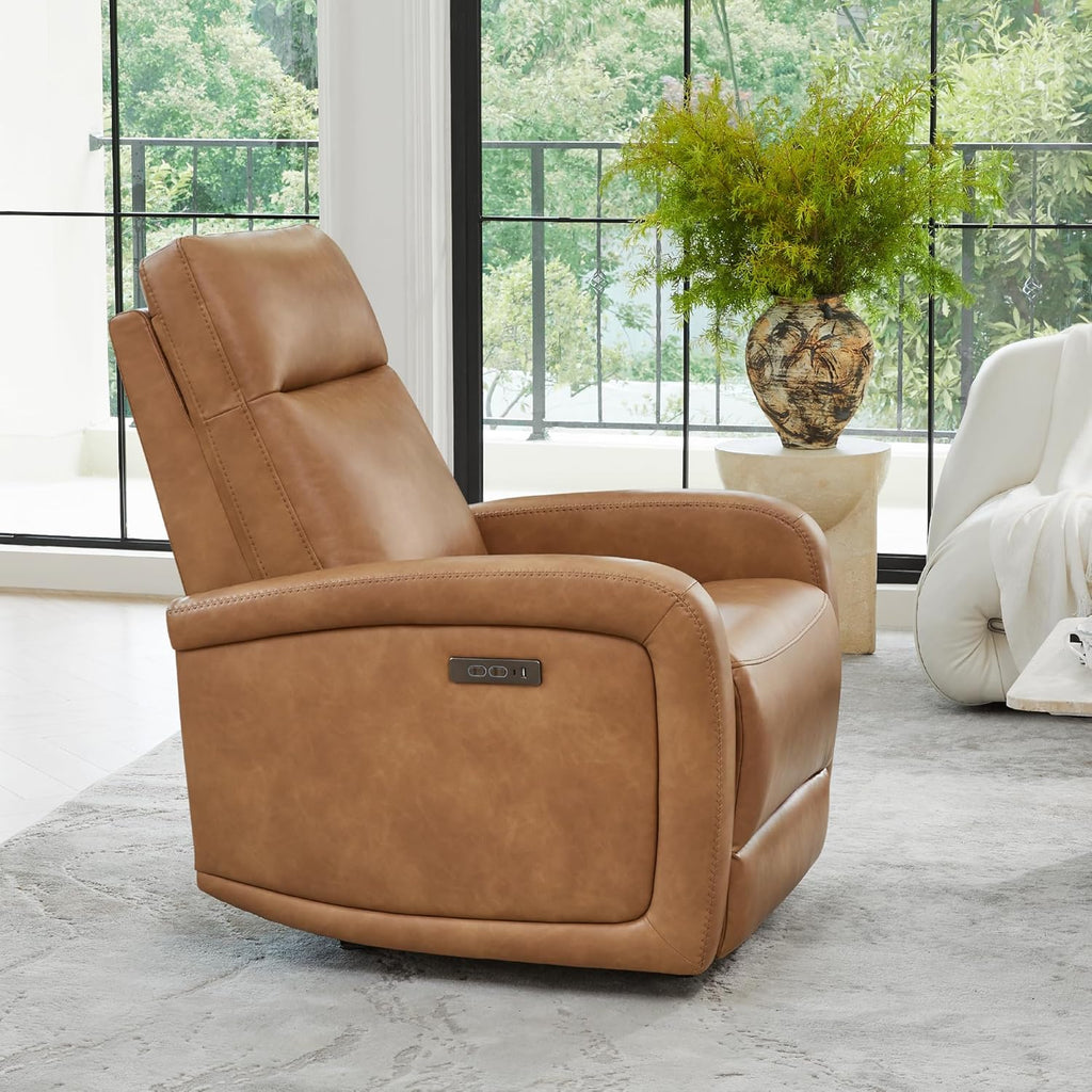 Watson & Whitely Zero Wall Recliners W Power Headrest, Power Recliner Chairs for Adults, Small Home Theater Seating Type-C Charger for Living Room & RV, Faux Leather Cognac Brown