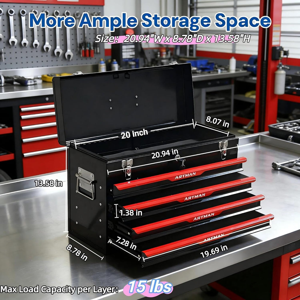 4 Drawers Tool Box, 21" Portable Steel Tool Chest with Top Tool Tray,Key Lock & Latch Closure,Liners,Handle,Ball Bearing Sides, Portable Tool Storage Organizer for Garage Workshop (Black)