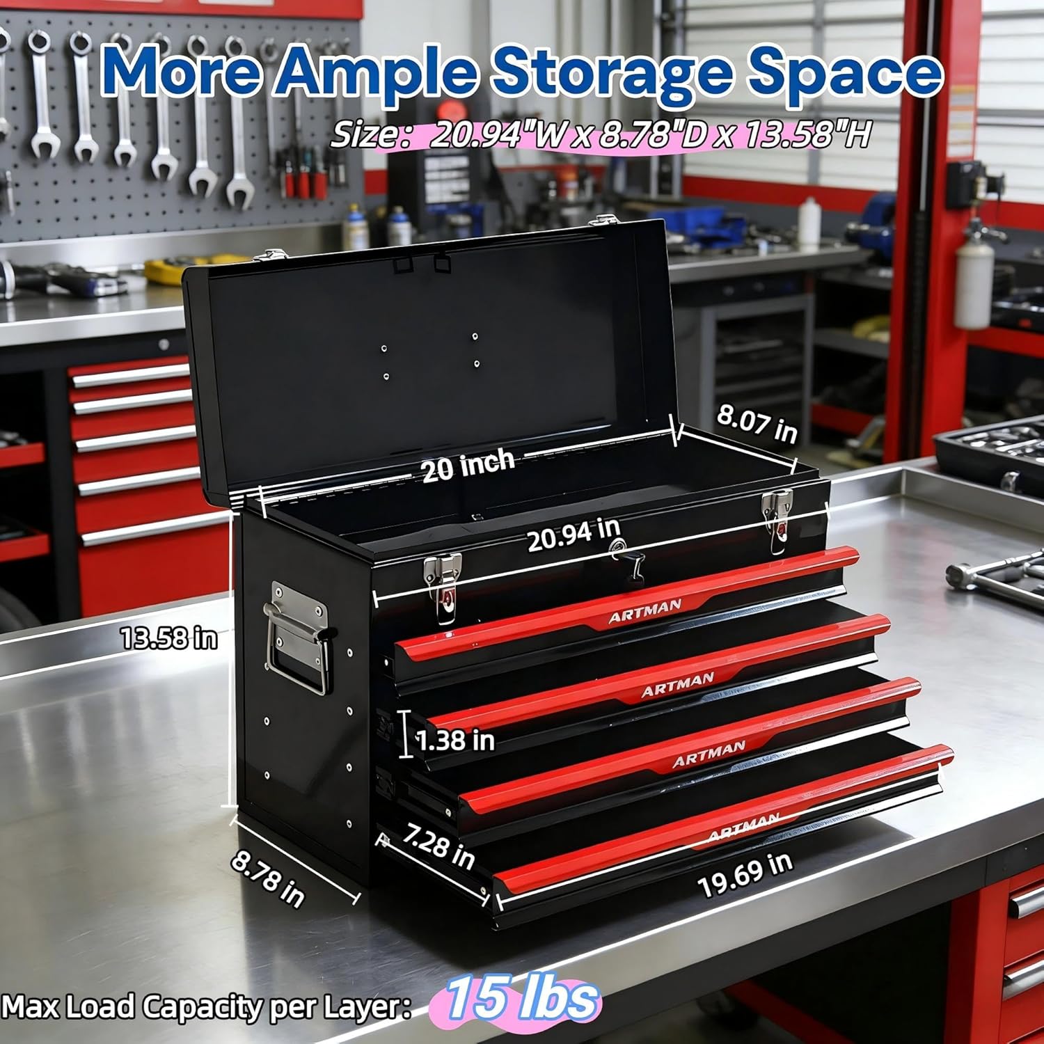 4 Drawers Tool Box, 21" Portable Steel Tool Chest with Top Tool Tray,Key Lock & Latch Closure,Liners,Handle,Ball Bearing Sides, Portable Tool Storage Organizer for Garage Workshop (Black)