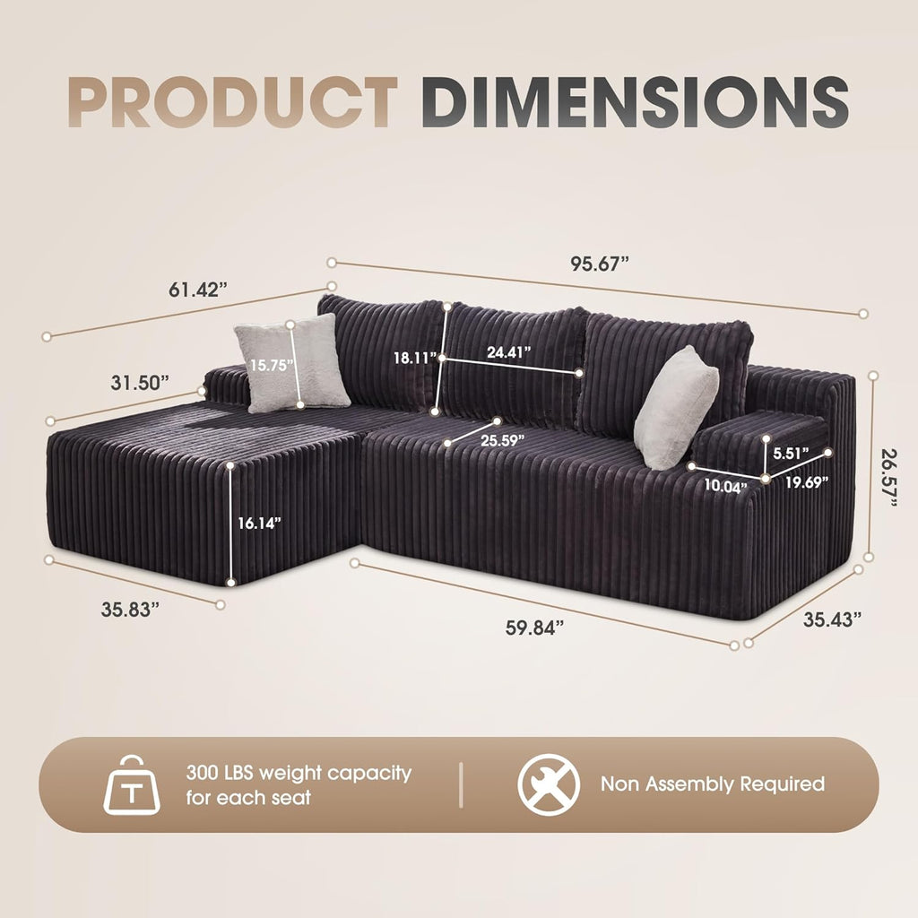 Modular Sectional Sofa Couches L-Shape Couch 3 Seat Modular Sofa Memory Foam Sectional Couches for Living Room, Cloud Couch with Oversized Chaise (Grey Stripe, 96" Left Facing Chaise)