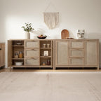 SICOTAS 52" Larger Sideboard Buffet Coffee Bar Cabinet with Storage - Farmhouse Rattan Credenza Storage Cabinet with 3 Drawers and 2 Doors, Boho Console Table for Living Room, Kitchen, Light Oak