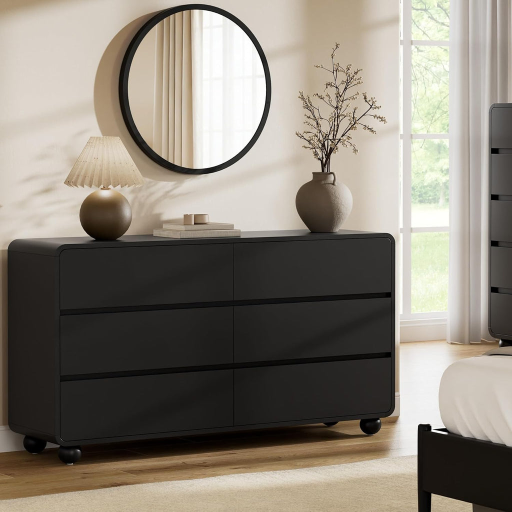 Lulive Wood Dresser for Bedroom, 53” Wide Chest of Drawers with 6 Drawers, Modern Closet Storage Drawer with Curved Profile Design for Living Room, Hallway, Entryway, Black