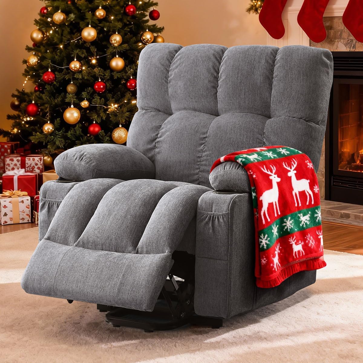 BOSMILLER Power Lift Recliner Chair with Massage and Heat for Elderly, Electric Recliner Single Sofa with Two Cup Holders, Extended Footrest, Side Pocket and USB Charge Port for Living Room